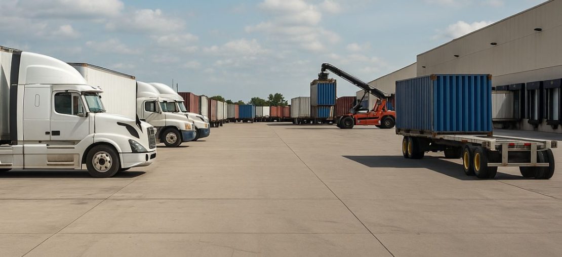 Caminhões e container enfileirados em estacionamento
