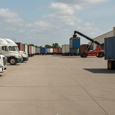 Caminhões e container enfileirados em estacionamento
