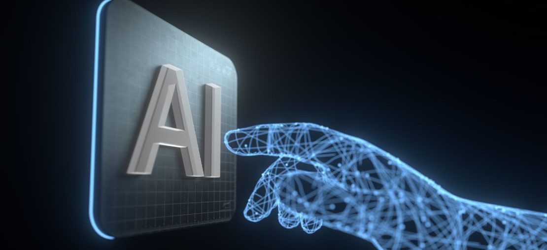 Mão feitas de linhas azuis colocando o dedo na tecla de AI