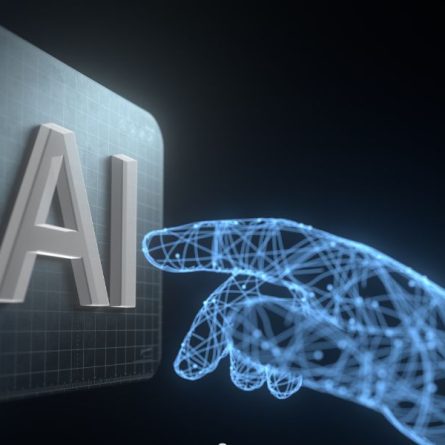 Mão feitas de linhas azuis colocando o dedo na tecla de AI