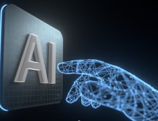 Mão feitas de linhas azuis colocando o dedo na tecla de AI