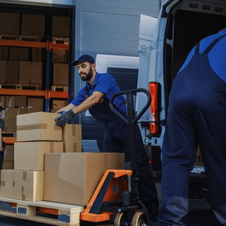 Trabalhadores uniformizados descarregando caixas de caminhão