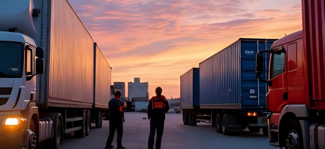 Dois homens em armazém com vários caminhões ao redor