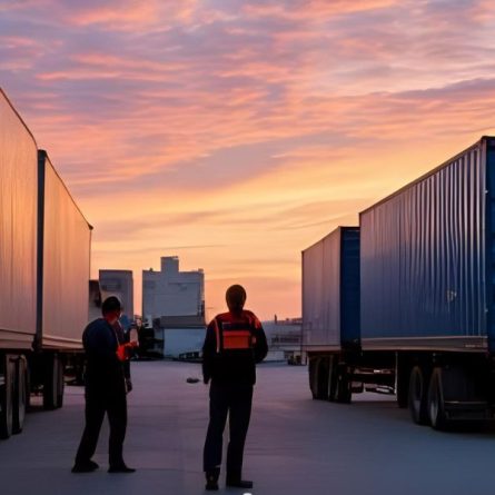 Dois homens em armazém com vários caminhões ao redor