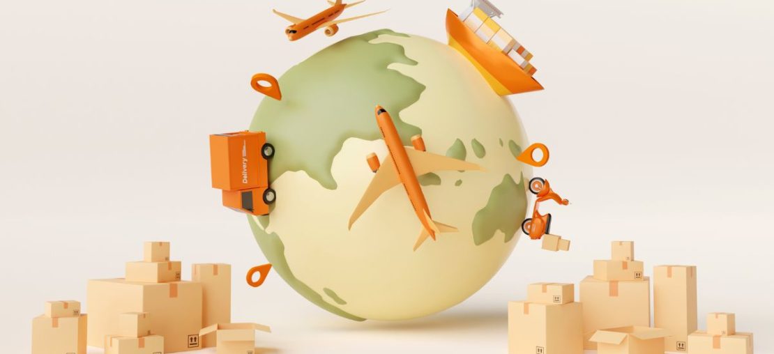 Ícones do planeta terra com caminhão, avião e embarcação representando barreiras alfandegárias