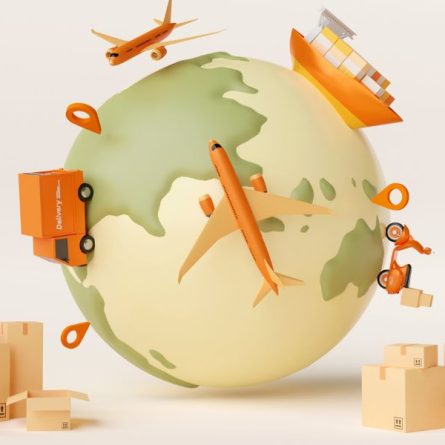 Ícones do planeta terra com caminhão, avião e embarcação representando barreiras alfandegárias