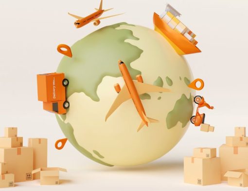 Ícones do planeta terra com caminhão, avião e embarcação representando barreiras alfandegárias
