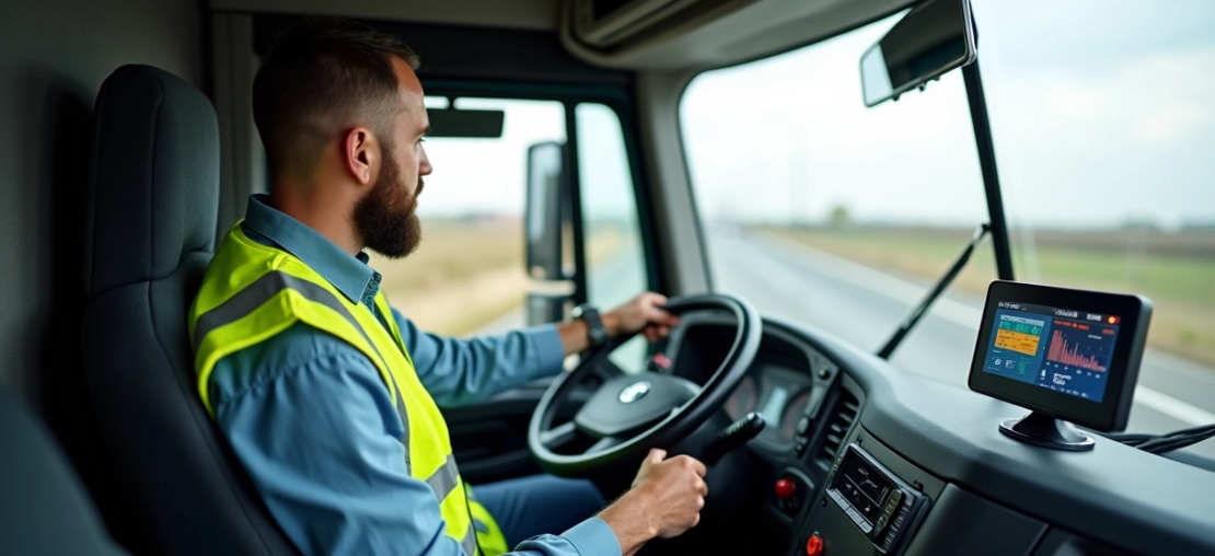 Homem dirigindo caminhão com base na nova lei sobre tacógrafos