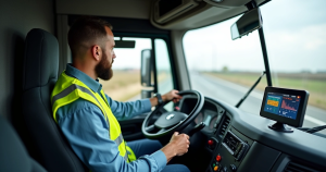 Homem dirigindo caminhão com base na nova lei sobre tacógrafos