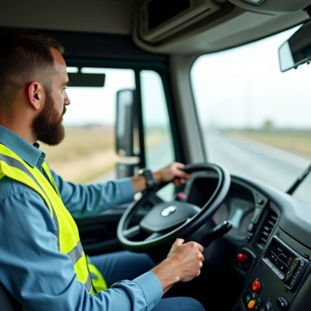 Homem dirigindo caminhão com base na nova lei sobre tacógrafos