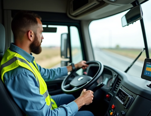 Homem dirigindo caminhão com base na nova lei sobre tacógrafos