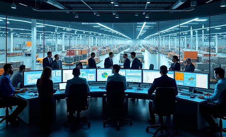 pessoas trabalhando no computador em um grande escritório.