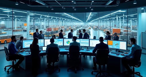 pessoas trabalhando no computador em um grande escritório.