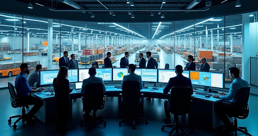 pessoas trabalhando no computador em um grande escritório.