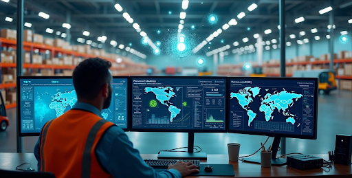 homem olhando para o computador de mapas.