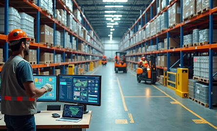 homem olhando computador em corredor de armazem