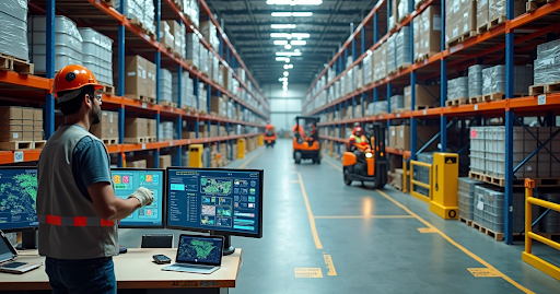 homem olhando computador em corredor de armazem